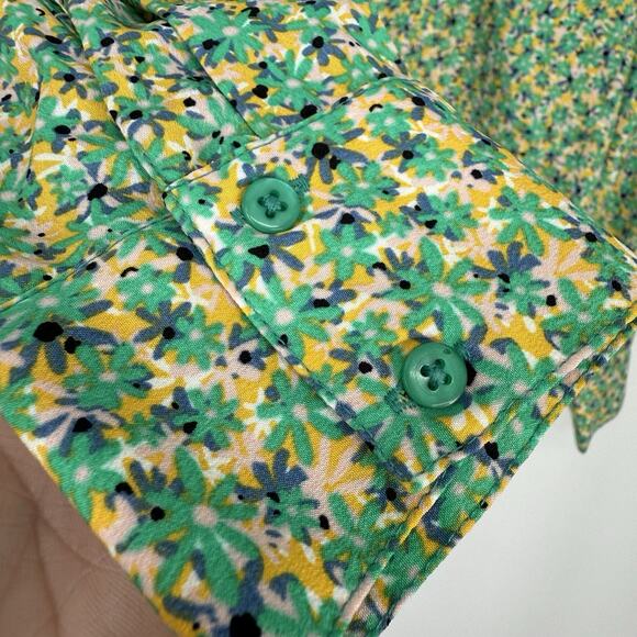 Nuon Tie waist crop Blouse size Small Green Ditzy Flowers Long Sleeve Button up - Picture 6 of 13